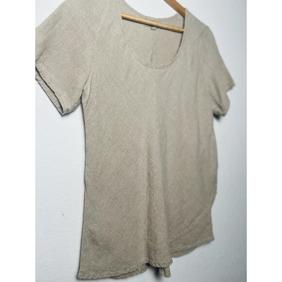 Flax 100% Linen Asymmetrical Layered Top Sz M Beige Short Sleeve Lagenlook Boho - Picture 4 of 8
